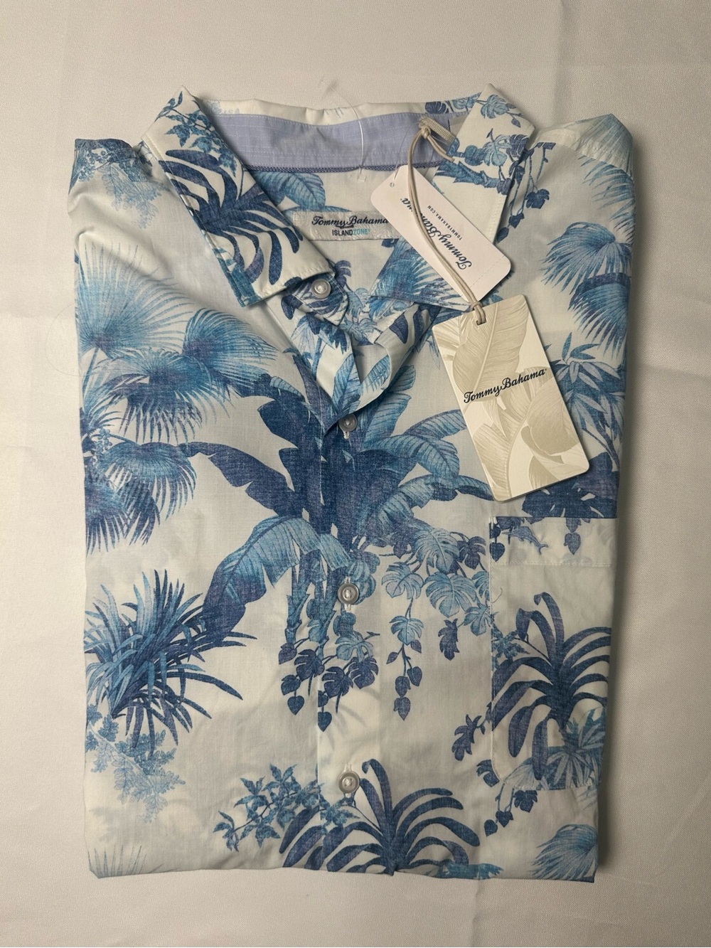 NWT Tommy Bahama White Shirt with Blue Tropical Palm Print Size XXL
